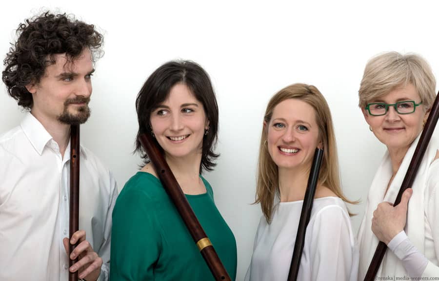 The Attaignant Consort. Photo by Ola Renska Left to right; Joao Santos, Giuditta Isoldi, Amanda Markwick, and Kate Clark.